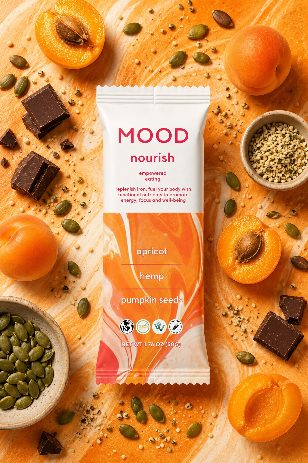 NOURISH MOOD BARS Apricot, Hemp, Pumpkin Seeds | Box of 12 Vegan Nutrient Dense Bars