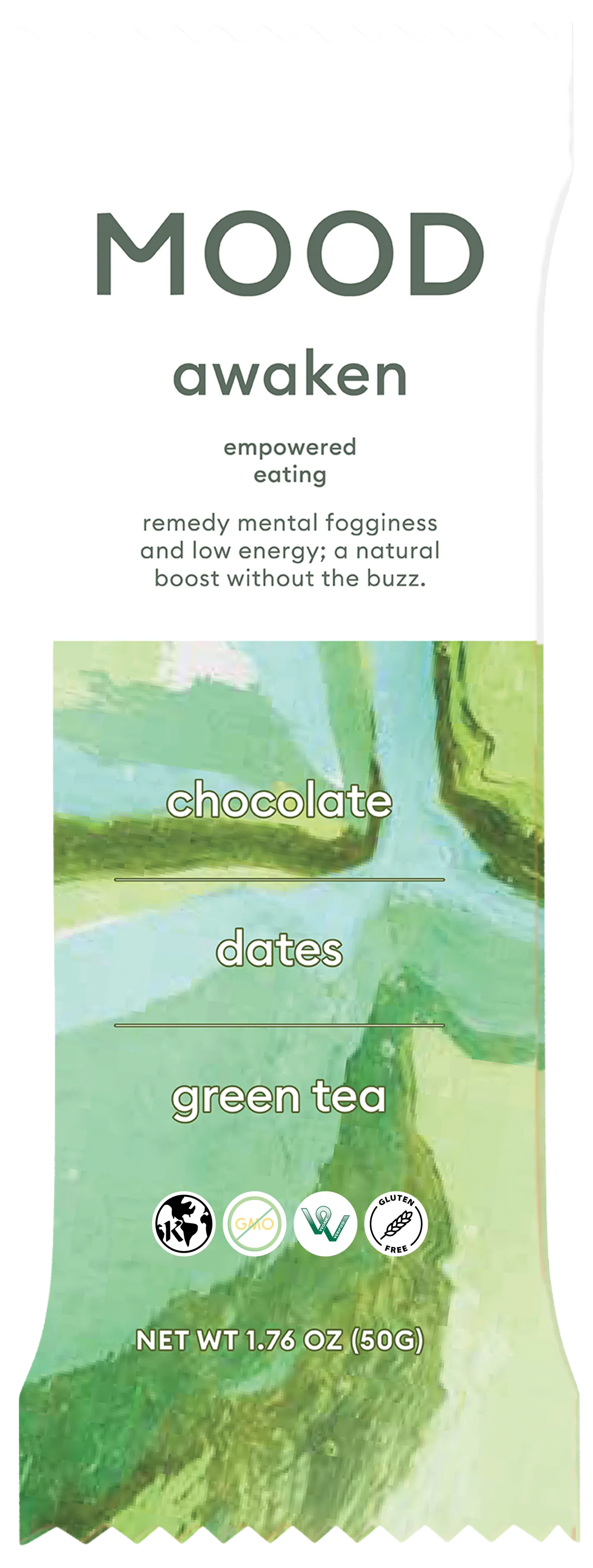Awaken Mood Bar with chocolate, dates and green tea in swirly green packing on a white background.