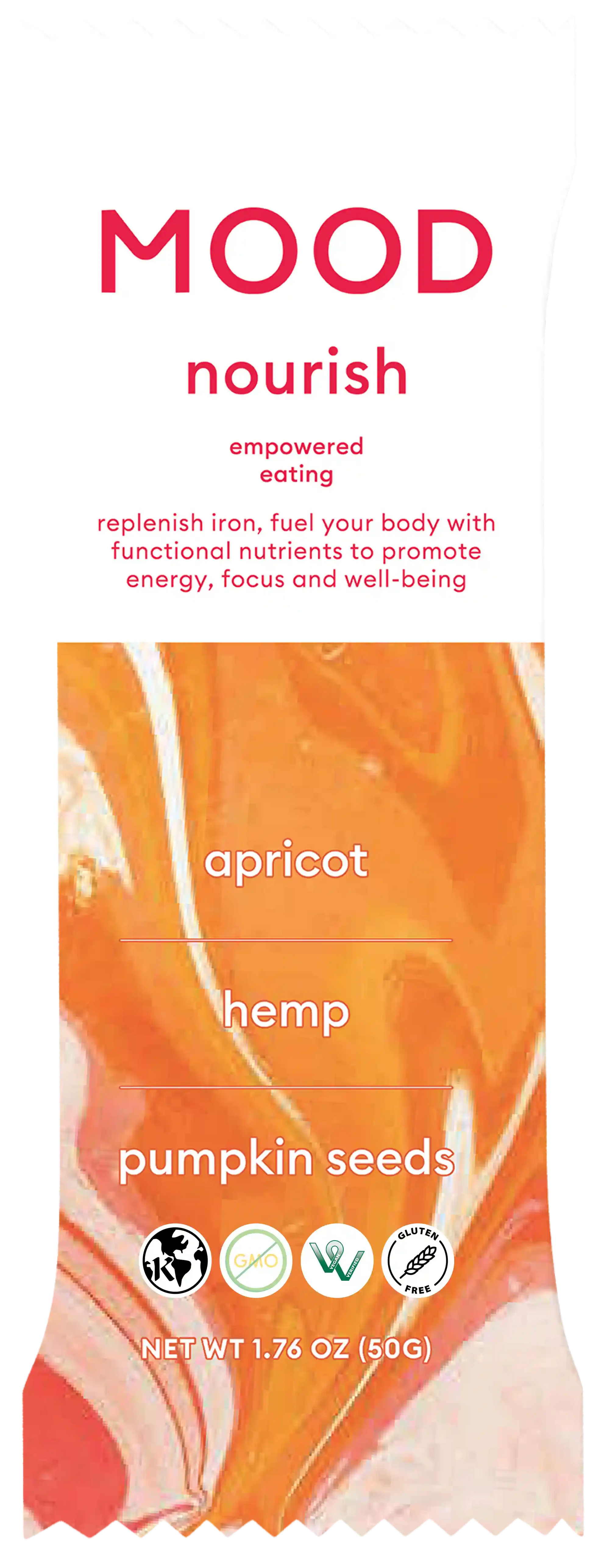 Nourish Mood Bar with apricot, hemp and pumpkin seeds in swirly orange packaging on a white background.