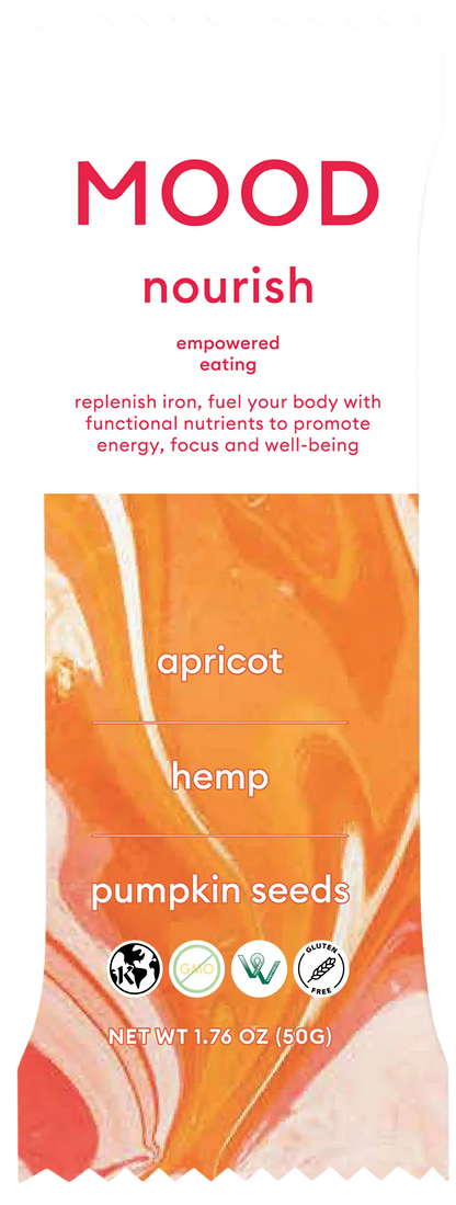 Nourish Mood Bar with apricot, hemp and pumpkin seeds in swirly orange packaging on a white background.
