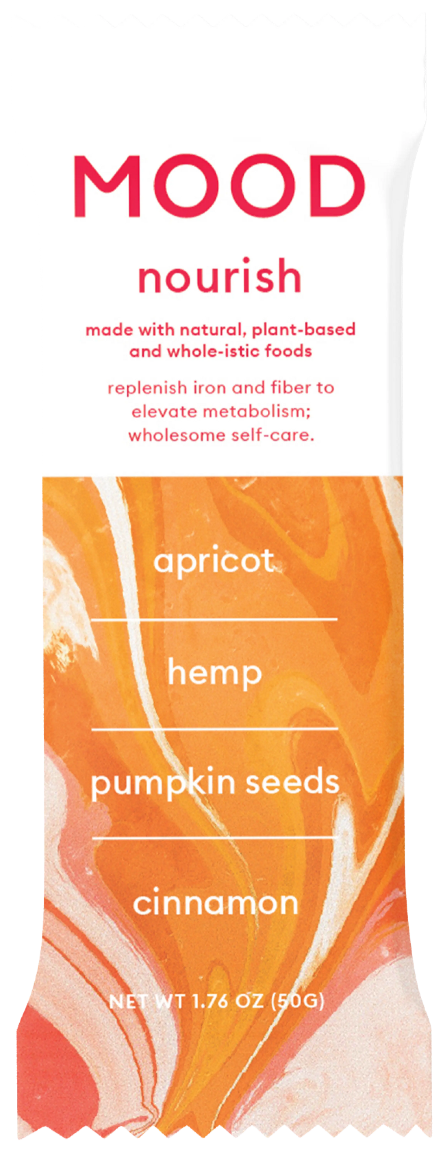 Nourish Mood Bar packaging with flavors apricot, hemp, pumpkin seeds, and cinnamon. Orange on white background.