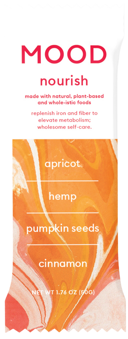 Nourish Mood Bar packaging with flavors apricot, hemp, pumpkin seeds, and cinnamon. Orange on white background.