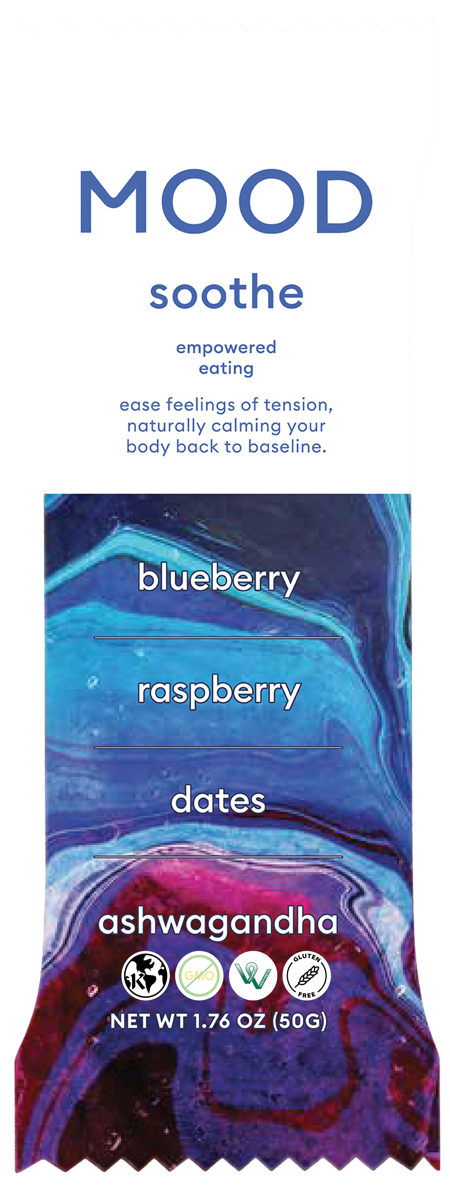 Soothe Mood Bar containing blueberry raspberry dates and ashwagandha in swirling blue and purple packaging on a white background.