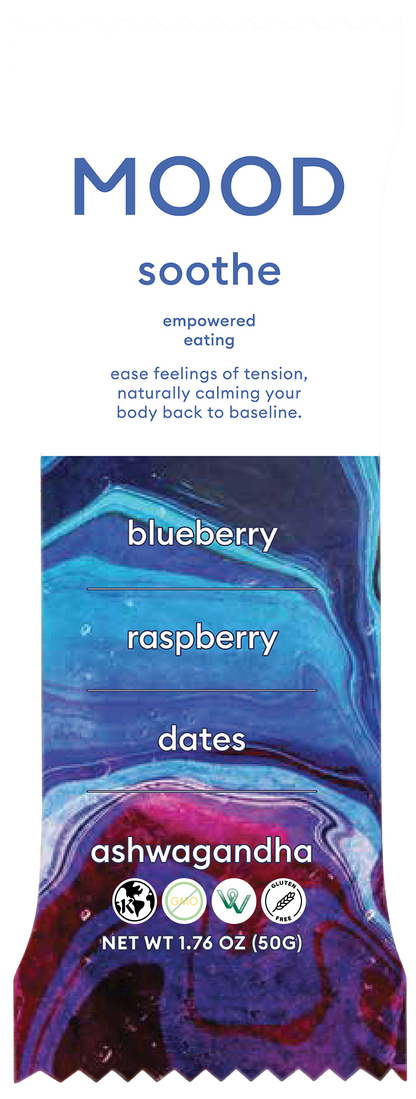 Soothe Mood Bar containing blueberry raspberry dates and ashwagandha in swirling blue and purple packaging on a white background.